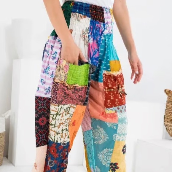 Ashley Taylor Patchwork Smocked-Waist Hippie Boho Pants Harem Cotton One Size - Picture 3 of 7